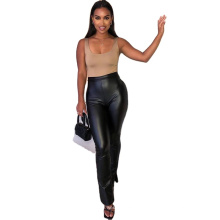 Faux PU Leather Women Pencil Pants 2020 Autumn Side Split High Waist Tight Skinny Bodycon Solid Streetwear Fashion Trouser